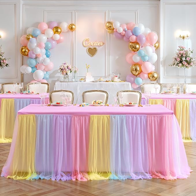 6 Pack Rainbow Tablecloth for 6 Foot Rectangle Tables Tulle Table Skirt | Stretch Spandex Fitted Table Cover,One-Piece Design,Non-slip Elastic Wedding Table Cloths for Party Baby Shower Cake Display - Image 9