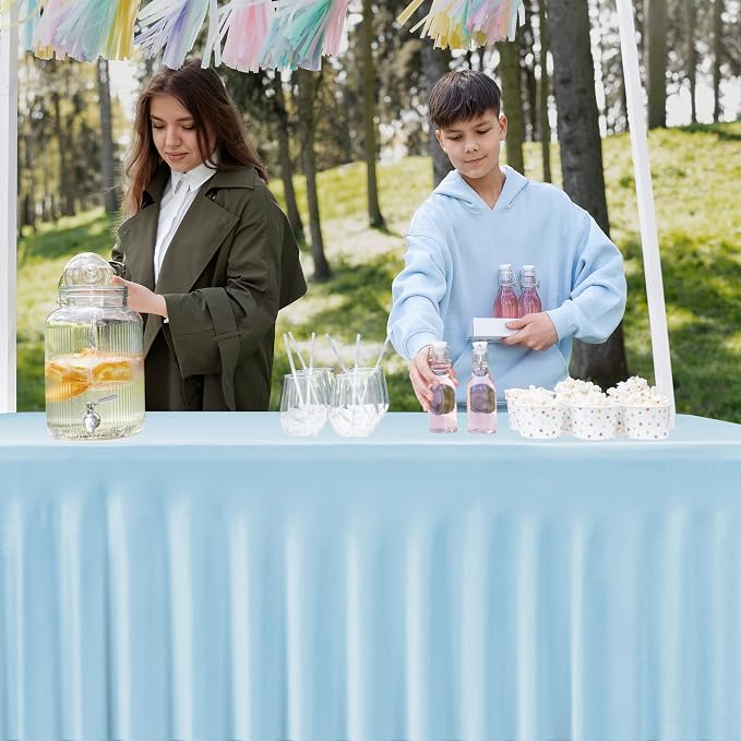 4 Pack Baby Blue Spandex Table Covers 8ft Rectangle Ruffle Skirts for Party | Elastic Table Covers 8 Foot, Pleated Fitted Table Cloths, Wrinkle Resistant Elegant Table Skirts Wedding, Banquets - Image 7