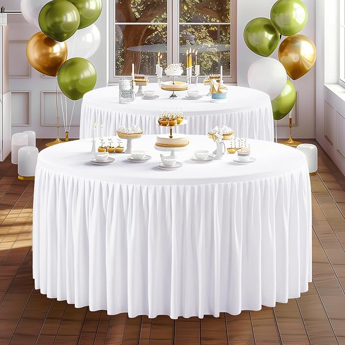 Wish Care 6 Packs 5FT Round Tablecloth 60 Inch, White Stretchy Fitted Table Cloths, Wrinkle Resistant Polyester Table Cover with Pleated Ruffle Skirt for Party, Wedding and Banquet Decoration - Image 7