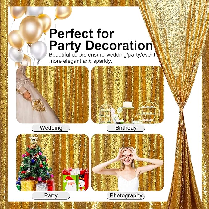 Sequin Backdrop Curtain 4 Panels 2FTx8FT Glitter Background Drapes Sparkle Photography Backdrop for Party Wedding Birthday Wall Decoration (Red× 2 and Gold×2) - Image 6