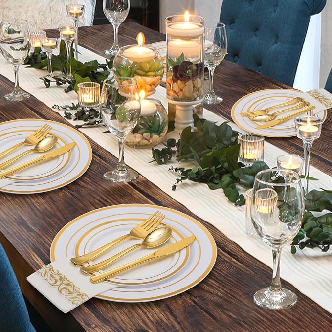 Goodluck 175 Pcs Gold Dinnerware Sets for 25 Guests, Disposable Plate Sets | Plastic Plates for Party, Include: 25 Dinner Plates, 25 Dessert Plates, 25 Paper Napkins, 25 Cups, 25 Gold Silverware Set - Image 6