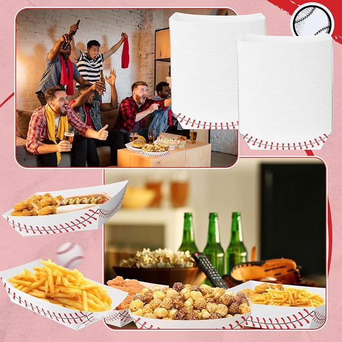 Roshtia 100 Pack Baseball Nacho Trays Paper Food Boats Disposable,3lb | Baseball Birthday Party Supplies, Red Stitching Design, Boat Shape for Hot Dogs Nachos, Decorations Game Day Celebrations - Image 6