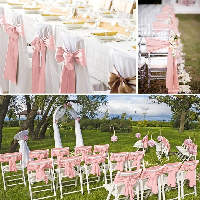 YMHPRIDE 120 PCS Rose Gold Satin Chair Sashes,Ties Bows Designed Chair Sashes for Wedding Party Baby Shower Banquet Restaurant Hotel Folding Chairs Decoration(Rose Gold,7x78 inch) - Image 7