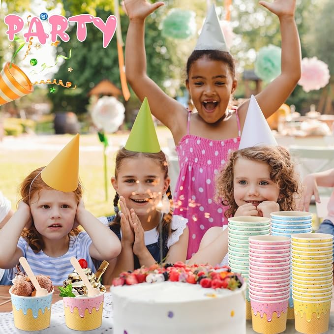 200 Pack 6 oz Paper Ice Cream Cups with Wooden Spoons, Disposable Dessert Bowls, Colorful Sundae Bar Supplies for Parties, Hot Soup, Frozen Yogurt - Image 6