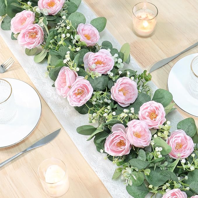 TOCHGREEN 4 Pack Artificial Eucalyptus Flower Garland with Pink Roses | Fake Rose Flower Greenery Garland Floral Vines for Wedding Centerpiece Backdrop Home Party Table Runner Valentines Day Decor - Image 7