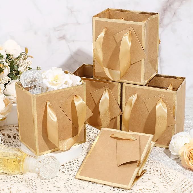 Yeaqee 50 Pcs Mini Paper Gift Bags with Handles Tag, Kraft, Gold | Small Size, 4x2.75x4.5'', Metallic Trim, Ribbon Handle, Tiny Jewelry Gift Bag, Wedding Christmas Party Return Thank You Gift - Image 7