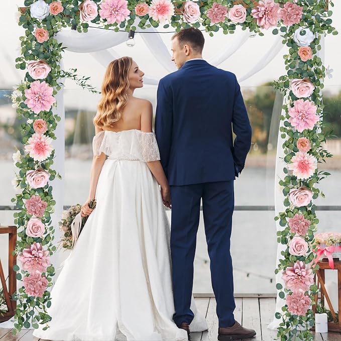 Waipfaru 2 Pcs Flower Garland, 12.14ft Eucalyptus Garland Vines with Flowers for Wedding Reception Table Mantle Spring Room Decor (Rose Pink) - Image 7