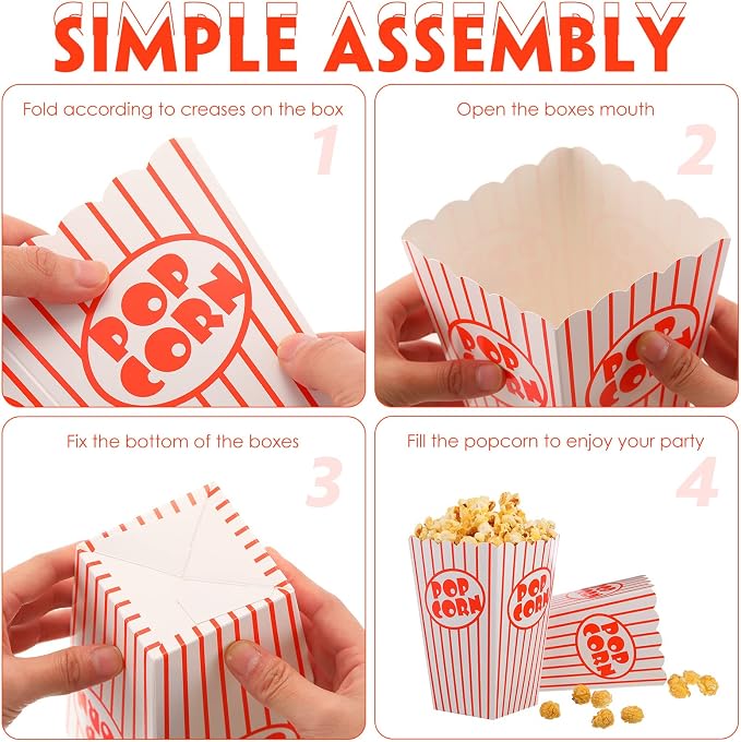 200 Pack Movie Night Popcorn Boxes Paper Popcorn Bucket Red and White Striped Container Vintage Retro Bags for Party 6.3 Inch Tall Holders for Carnival Circus Party - Image 8