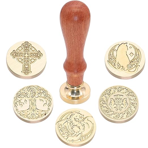 SWANGSA Celtic Wax Seal Stamp Gift Box Set, Vintage 6 Sealing Heads + 1 Wooden Hilt, Wax Stamp Kit for Party Invitations, Envelopes, Cards and Gift Packaging