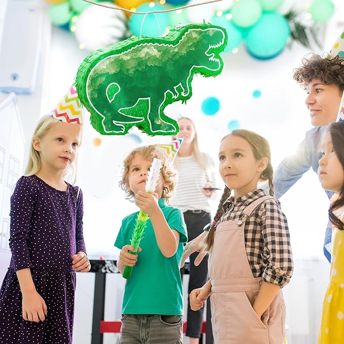 WERNNSAI Dinosaur Piñata - Watercolor Green Dinosaur Piñata Birthday Piñata with Stick and Blindfold for Kids Birthday Party Game Classroom Activity Dinosaur Themed Party Decor 16.9’’ x 12.9’’ x 3.1”