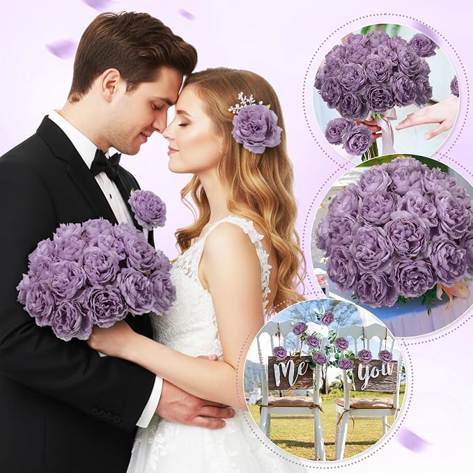Thiccywoov 100 Pcs Silk Rose Heads Artificial Fake Flowers, Purple | 3.2 Inch Silk Rose Heads Bulk, Wire Stems for Wedding Bouquet, Diy Bridal Centerpieces, Fake Floral Crafts Decor - Image 7