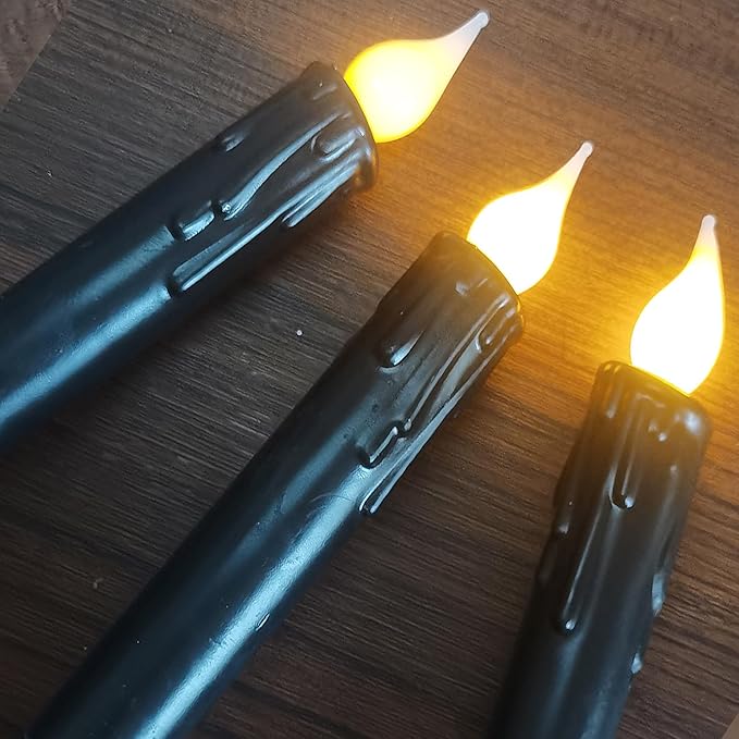 LINCOUNTRY.Primitive Wax Black Flameless Taper Candles Flickering Led Dripped Battery Operated Taper Candles with Timer,6.75 Inch 3D Wick, Christmas Home Halloween Fireplace Decor
