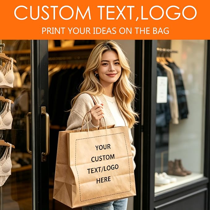 Custom Printed Kraft Paper Bags - 50Pack - 12.6" x 4.3" x 9.8"- Brown Gift Bags with Handles - Perfect for Small Business, Retail, Party Favors, Wedding - Premium Quality, Logo Customizable - Image 7