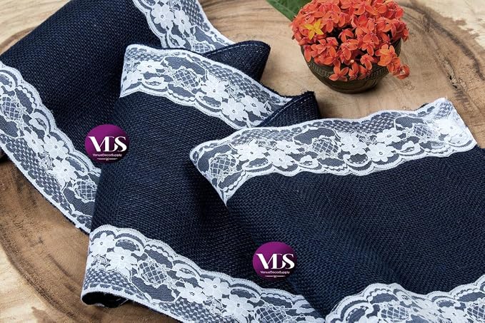 VDS Pack of 20, Burlap Table Runner with White Lace Edge, 100% Natural Jute Rustic Hessian Table Cloth Centerpiece for Wedding Birthday Party Banquet Table Decoration (Size 12X108 Inch)(Navy Blue) - Image 6