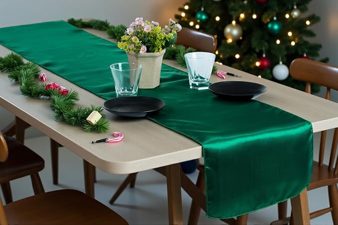 100 PCS Satin Table Runners 12 x 108 Inch Charmeuse Sateen Silk Table Runner for Indoor Outdoor Wedding Reception Birthday Graduation Party Event Banquet Dining Table Decoration - Emerald Green - Image 7
