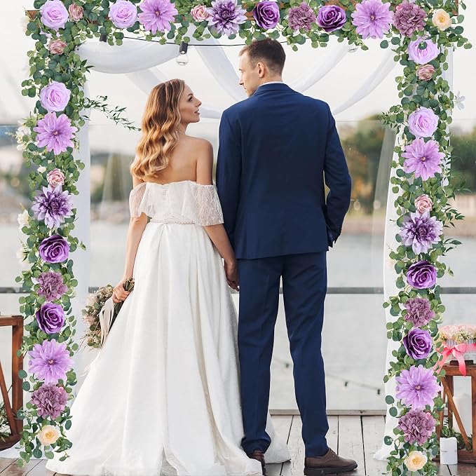 Waipfaru 2 Pcs Flower Garland, 6Ft Eucalyptus Garland with Flowers, Rose Floral Vines for Wedding Reception Table Mantle Room Spring Summer Decor (Purple) - Image 7