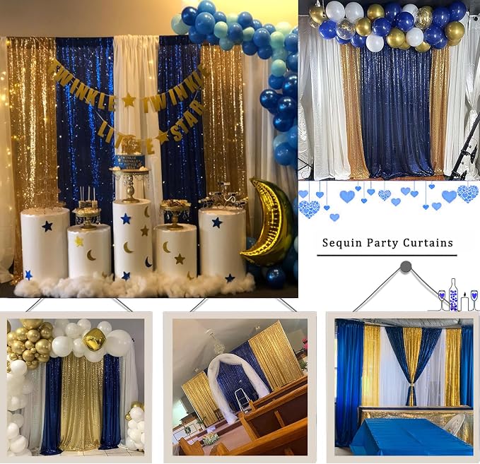 Sequin Backdrop Curtain 4 Panels 2FTx8FT Gold and Navy Blue - Image 5