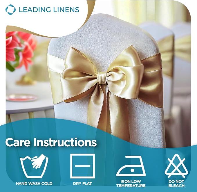 Leading Linens 20 pcs Champagne 108"x8" Satin Bow Sash Chair Cover Decor | Elegant satin chair bow sashes, perfect for weddings, receptions, banquets, & parties. Reusable & washable. - Image 6