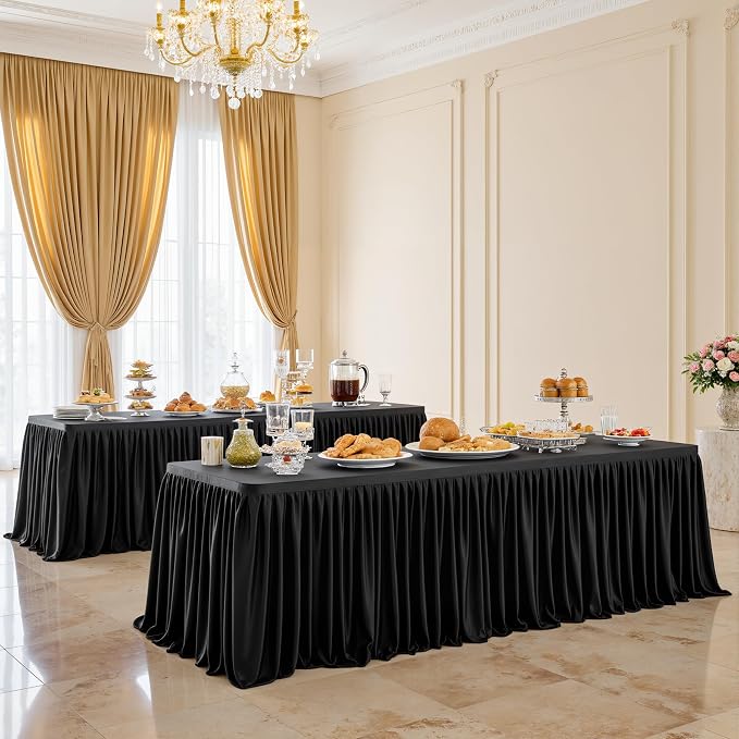 Leegleri 132inch Black Polyester Table Skirt for Rectangle tables 6ft/8ft, Wrinkle Resistant Pleated Ruffle Table Cloth for Banquet,Wedding,Trade,Baby Shower,Display Gift Dining Table - Image 9