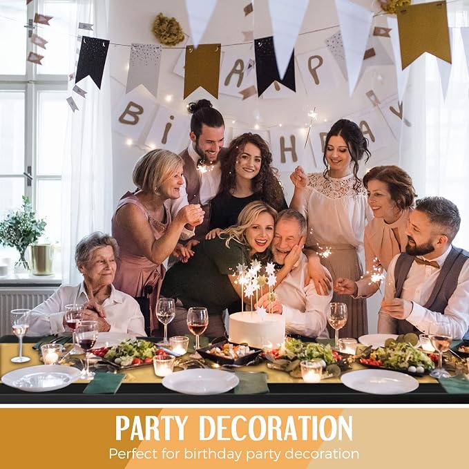 8 Pack New Year Black and Gold Disposable Plastic Tablecloths and Satin Table Runner Set, 54 x 108 Inch Tablecloth, 12 x 108 Inch Table Runners for Wedding Graduation Birthday Baby Shower - Image 6