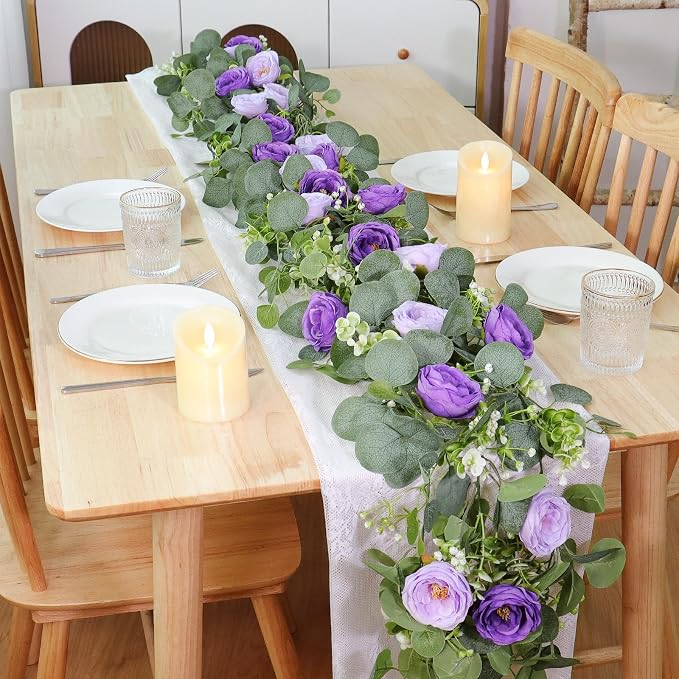 TOCHGREEN 2 Pack Artificial Eucalyptus Flower Garland with Purple Roses | Fake Rose Flower Greenery Garland Floral Vines for Wedding Centerpiece Backdrop Home Party Table Runner Decor - Image 7