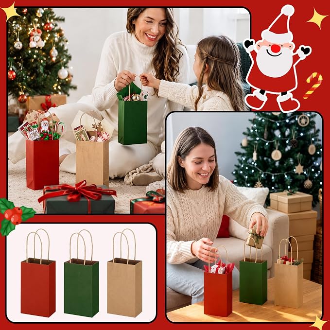 Kolldenn 120 Pcs Brown Red and Green Christmas Gift Bags Holiday Gift Kraft Paper Bags with Handles for Wedding Baby Shower Bridal Shower Shopping Party Favor Business(6.1 x 3.5 x 2.3 Inches) - Image 6