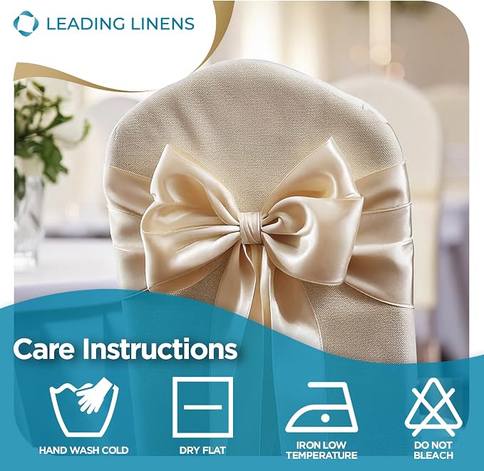 Leading Linens 50 pcs Ivory 108"x8" Satin Bow Sash Chair Cover Decoration | Elegant satin chair bow sashes, perfect for weddings, receptions, banquets, & parties. Reusable & washable. - Image 6