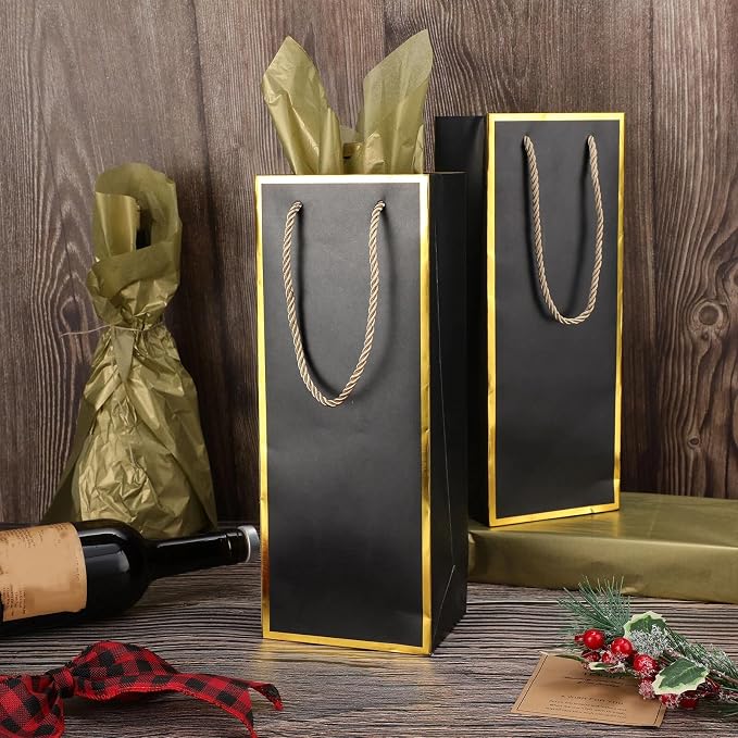 TaoBary 50 Pcs Wine Gift Bags and Gold Wrapping Paper Set Wine Bags for Bottle Bulk 4 x 5 x 13 Inch Champagne Gift Paper Sack with Handles for Christmas Appreciation Wedding Anniversary(black,30 Pcs) - Image 7