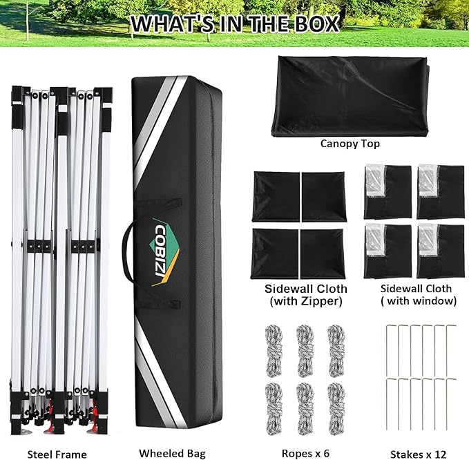 COBIZI 10x20 Pop Up Canopy with 6 Sidewalls, Conical Party Tent 10x20 with 3 Adjustable Height Waterproof, UV-Resistant with Carry Bag, Sandbag, Stake, Ropes for Parties, Commercial (Frame Upgraded)