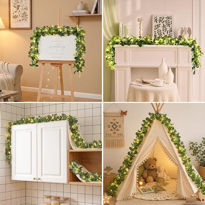 Dolicer 2 Packs 6FT Artificial Eucalyptus Garland Faux Greenery Garland | Fake Vines with Lights Hanging Silver Dollar Eucalyptus Leaves with White Seed for Wedding Backdrop Table Wall Party Decor - Image 8