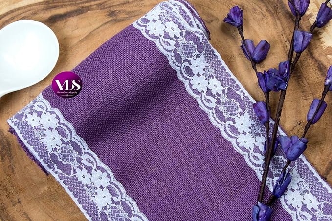 VDS Pack of 12, Burlap Table Runner with White Lace Edge, 100% Natural Jute Rustic Hessian Table Cloth Centerpiece for Wedding Birthday Party Banquet Table Decoration (Size 12X108 Inch)(Lavender) - Image 6