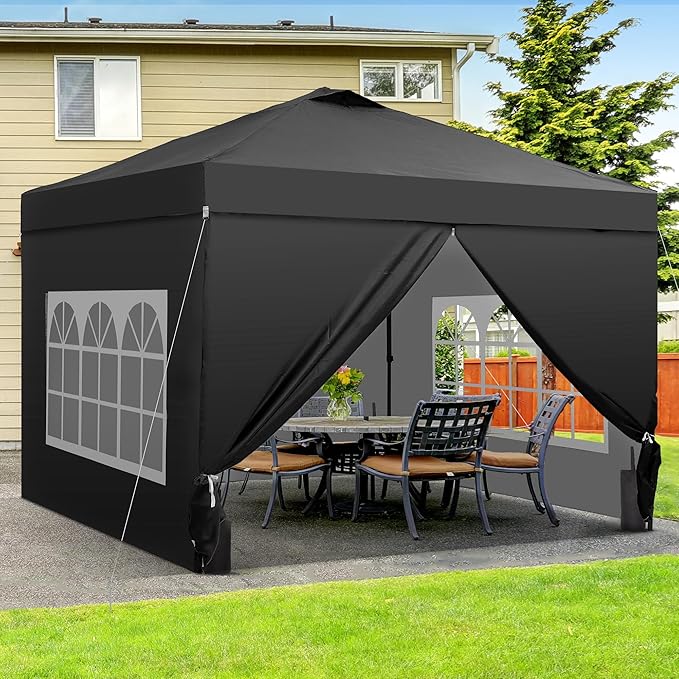 GDY 12x12 Pop Up Canopy Tent with 4 Sidewalls, Easy Set up with One Push Lift Gazebo with Wheel Bag and4 Sandbags,Carpas for Events, Parties,Camping, Black.