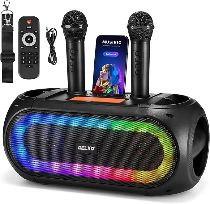 Delxo Karaoke Machine with 2 Wireless Microphones for Adult, Powerful Portable Bluetooth Speaker Loud for Party, PA System Remote Singing Machine with LED Lights, Support BT TWS USB TF, Gift