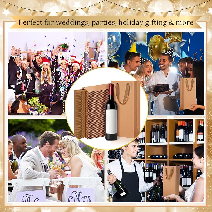 Lerheedi 100 Pack Wine Bags for 2 Bottles, Paper Gift Carriers, Brown | Handles and Tags, 6.6x3.6x13.8 in, Reusable for Wedding Anniversary Birthday Party, Bulk Gift Packaging - Image 7