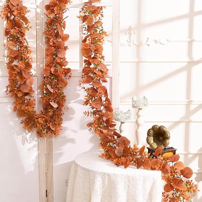 2Pack Eucalyptus Garland, Fall Artificial Eucalyptus Garland with Flowers | Orange Silk Greenery Garland Faux Silver Dollar Fake Ivy Vines for Rustic Wedding Arch Table Runner Mantel Wall Hanging Decor - Image 7