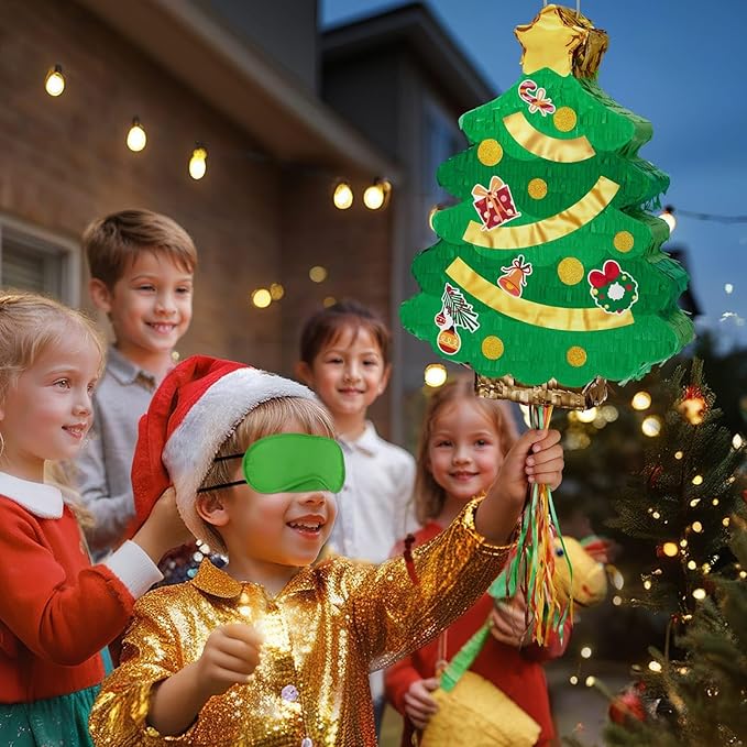 WERNNSAI Christmas Tree Pinata - Christmas Decorations XmasTree Party Game for Kids Festival Party Decor Supply Green Tree Design Merry Xmas Favor Pull String with Blindfold Bat 16.5” x 12.4”