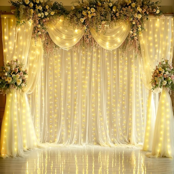 6 Panels Champagne Sheer Tulle Backdrop Curtains with Lights String for Party Wedding Wrinkle Free Curtain Backdrops Drapes for Baby Shower Bridal Shower Photo Background Home Decorations 30ft x 10ft - Image 9