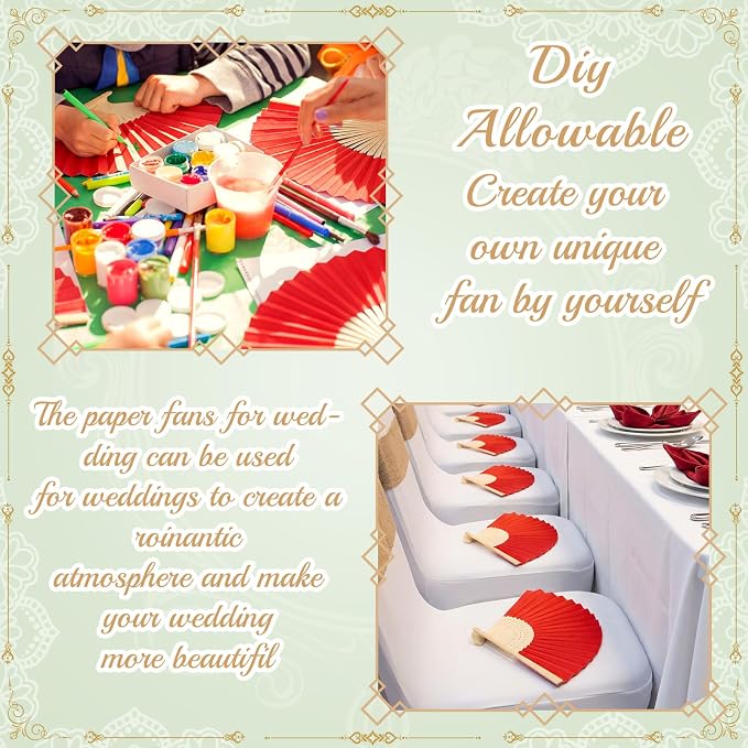 Qunclay 80 Pcs Paper Hand Fans Bulk 8.3 Inch Red Bamboo Folding Fans | Blank DIY Painting Surface, Wedding Party Favors, Photography Props, Home Decor, Reusable Handheld at Events and Gifts - Image 6