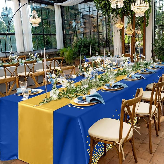 8 Pack Navy Blue and Gold Tablecloths and Satin Runners Set | 54x108 Inch Disposable Tablecloth and 12x108 Inch Satin Runners for Wedding Birthday Party Baby Shower Christmas New Year - Image 7