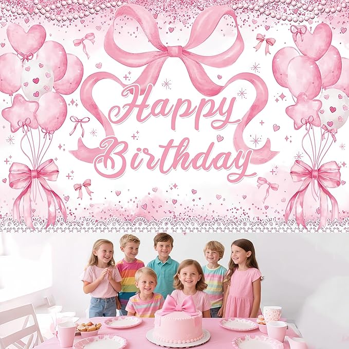 Cute Pink Bownot Birthday Party Backdrop Pink Bow Balloon Happy Birthday Banner Photography Background for Girls Teens Party Supplies 70.8 x 47.2 Inch