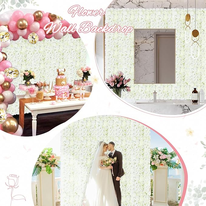 FOTSHARER Flower Wall Backdrop White Artificial Flower Wall Panel 15" x 15" Flower Panels for Backdrop 3D Floral Rose Wall Flower Photo Background Wedding Floral Back drop Wall for Wedding Party Event
