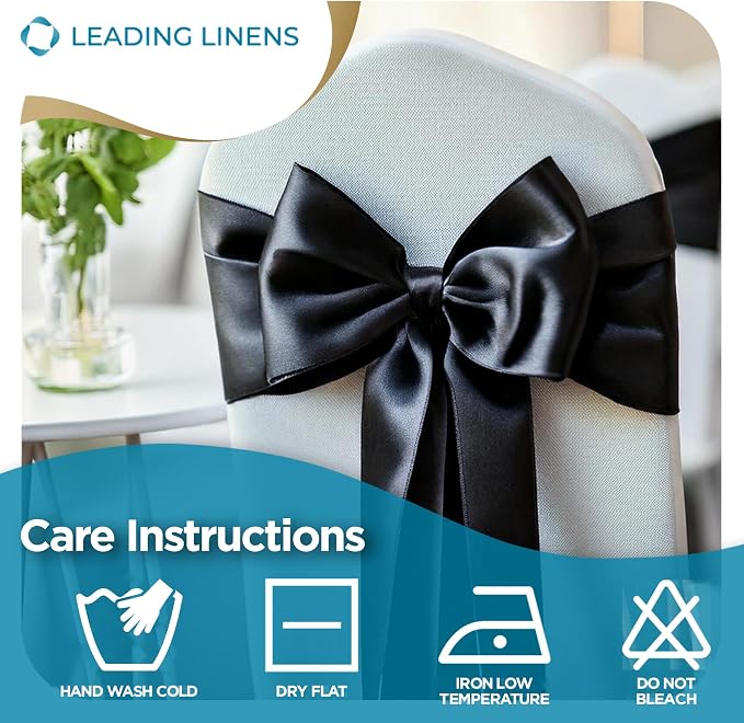 Leading Linens 50 pcs Black 108"x8" Satin Bow Sash Chair Cover Decoration | Elegant satin chair bow sashes, perfect for weddings, receptions, banquets, & parties. Reusable & washable. - Image 6