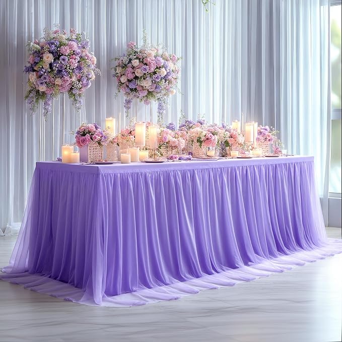 4 Pack Lavender Tablecloth for 8 Foot Rectangle Tables Tulle Table Skirt | Stretch Spandex Fitted Table Cover,One-Piece Design,Non-slip Elastic Wedding Table Cloths for Party Baby Shower Cake Display - Image 8