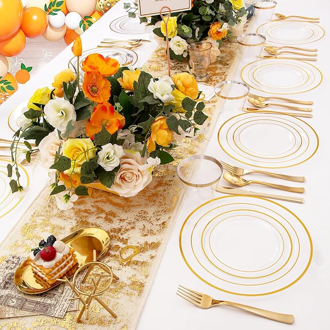 WELLIFE 300Pcs Clear Gold Dinnerware, Clear and Gold Plates Heavy Duty, Including 50 Dinner and 50 Dessert Plates, 50 Cups, 50 Silverware - Image 7