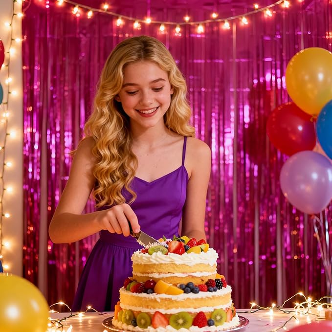 4 Pack Thickened Hot Pink Metallic Foil Fringe Curtains Streamer Rip Resistant Shimmer Tinsel Photo Booth Backdrop for Birthday Wedding Christmas Bachelorette Party Decorations 3.28ft x 6.56ft