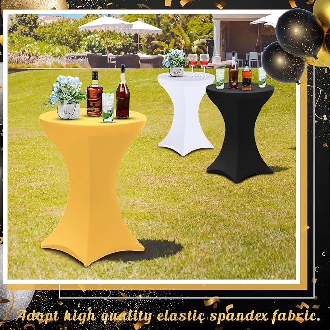 Preboun 6 Pack Spandex Cocktail Table Covers 32 x 43 Inch,Black White Gold | Fitted Stretch Round Cocktail Tablecloth, Wrinkle-resistant, for Birthday Wedding Graduation Party, Quick Setup - Image 7