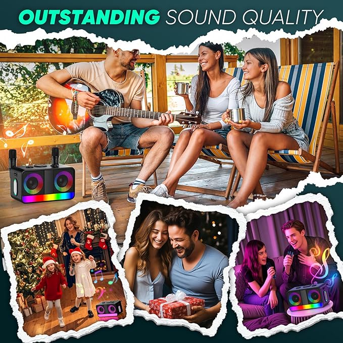 Karaoke Machine, Real 35W Portable Speaker,8H Long Time, 2 Rechargeable Wireless Microphones,LED,Karaoke Machine for Adults & Kids,BT/FM/USB/TF/AUX,for Home Party/Outdoors(CHJ171-Black)