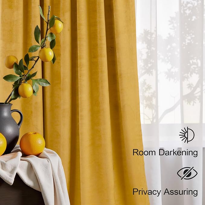 Mustard Yellow Gold Velvet Curtain 84 Inch Long 2 Panel for Living Room Darkening Light Blocking Heat Resistant Warm Fall Drape for Patio Sliding Door French Window Vintage 52x84 Floor Length Back Tab - Image 9
