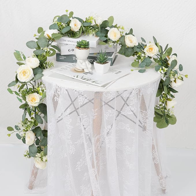TOCHGREEN 4 Pack Artificial Eucalyptus Flower Garland with White Roses | Fake Rose Flower Greenery Garland Floral Vines for Wedding Centerpiece Backdrop Home Party Table Runner Decor - Image 7