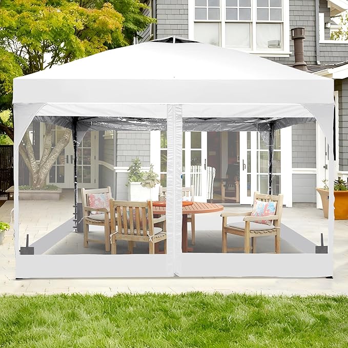 GDY 12x12FT Pop Up Canopy Tent with One Push Setup, Easy Setup Gazebo with 4 PVC Transparent Sidewalls,Includes Wheeled Bag. for Events, Parties, Camping, White.